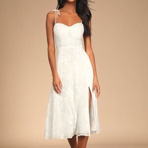 Lulus Loveliest Looks White Floral Jacquard Tie-strap Midi Dress - Size L
